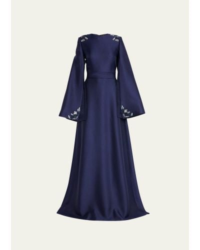 Reem Acra Bead-embellished Split Sleeve Mikado Cape Gown - Blue