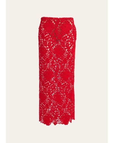 Valentino Garavani Floral Lace Sheer Maxi Skirt - Red