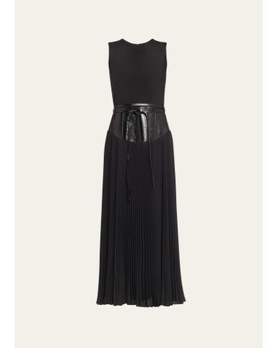 Brandon Maxwell Leather Belt Gown With Pleated Skirt - White