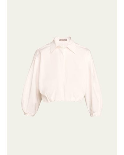 Lela Rose Cropped Elastic Button Down Blouse - Natural