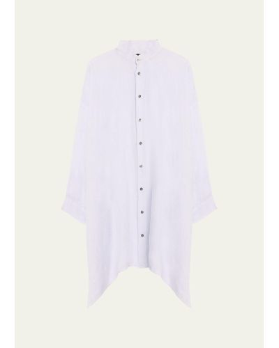 Eskandar Wide A-line Collarless Linen Shirt (very Long Length) With Slits - White