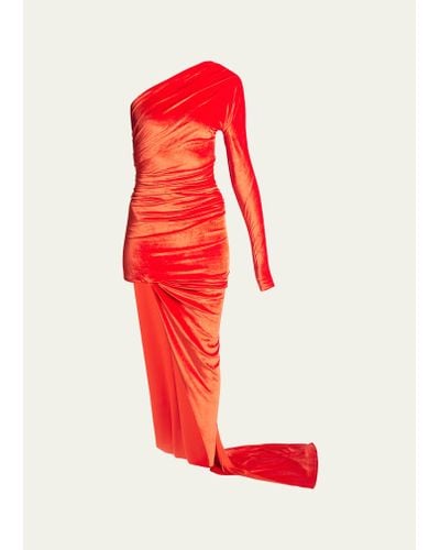 Balenciaga Asymmetric One-shoulder Velvet Dress - Red