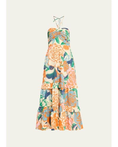 Figue June Floral Halter Tiered Maxi Dress - White