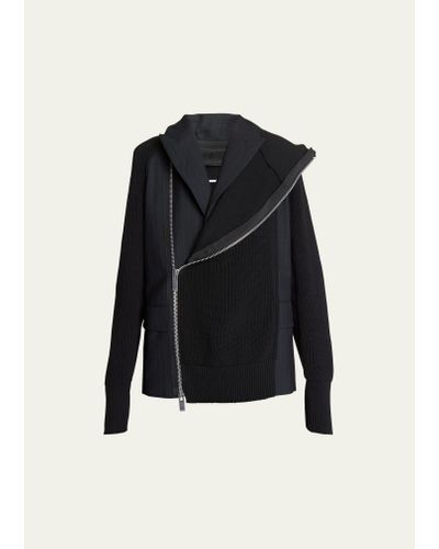 Sacai Mixed-media Stripe Blazer With Zip-up Jacket Overlay - Black