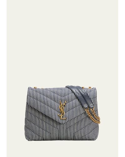 Saint Laurent Loulou Small Ysl Shoulder Bag In Quilted Stripped Denim - Blue