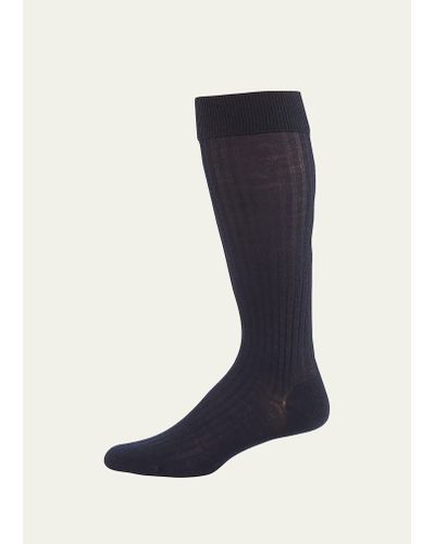 Pantherella Laburnum Over-the-calf Ribbed Merino Wool Socks - Blue
