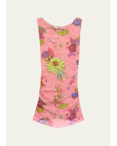 Fuzzi Ruched Floral Lace-print Tulle Tank Top - Pink