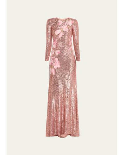 Naeem Khan Sequin Embellished Gown With Floral Embroidery - Pink