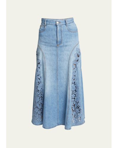 Chloé Floral Broderie Anglaise Cotton Linen Denim A-line Midi Skirt - Blue