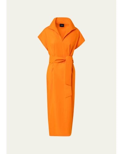 Akris Cap-sleeve Waist-sash Cotton Silk Midi Shirtdress - Orange