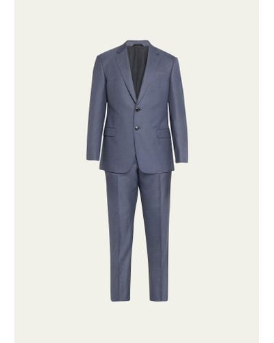 Giorgio Armani Textured Wool-silk Solid Suit - Blue