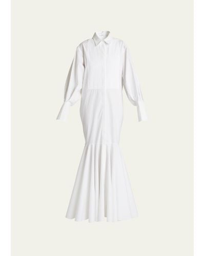 Alaïa Pleated Bib Poplin Mermaid Maxi Shirtdress - White
