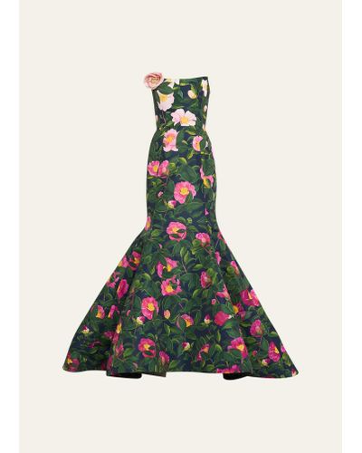 Oscar de la Renta Strapless Flower-applique Camellia Faille Mermaid Gown - Multicolor