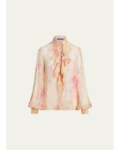 Ralph Lauren Collection Dylon Floral Watercolor Ruffle-bib Organza Collared Shirt - Pink