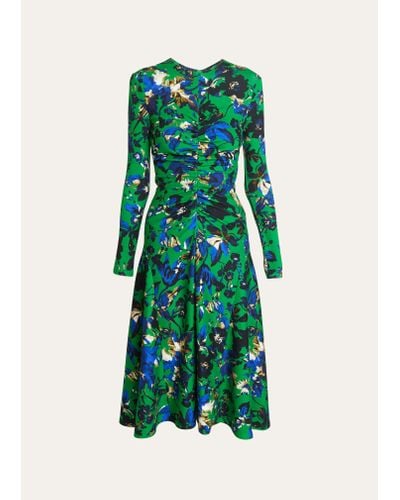 Erdem Floral-print Long-sleeve Gathered Midi Dress - Green