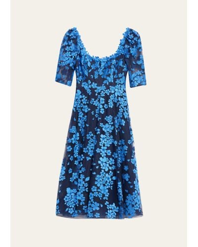 Teri Jon Scoop-neck Floral Lace Midi Dress - Blue