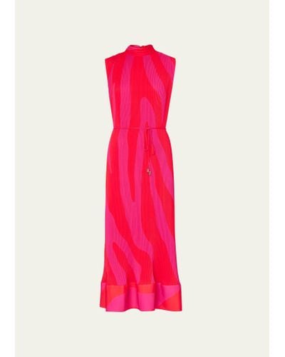 MILLY Melina Pleated Zebra-print Midi Dress - Pink