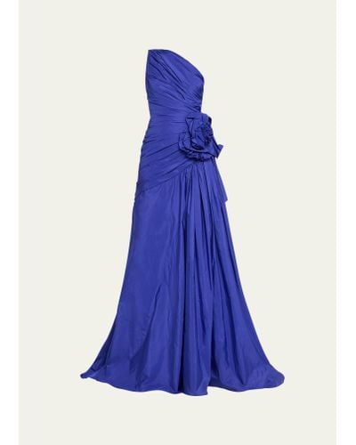 Pamella Roland Pleated One-shoulder Taffeta Gown With Floral Detail - Blue