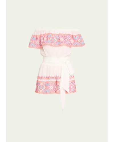 Ramy Brook Birdie Geometric Embroidered Cotton Off-the-shoulder Romper - Pink
