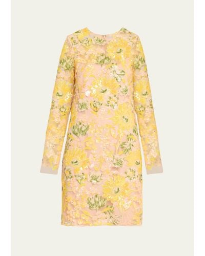 Lela Rose Floral Sequin Long-sleeve Dress - Yellow