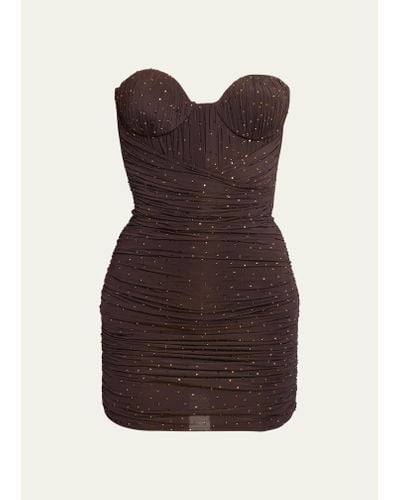 Alex Perry Crystal Strapless Ruched Mini Dress With Gloves - Brown