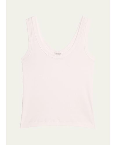 Brunello Cucinelli Ribbed Cotton Jersey Tank Top With Monili Tab - Pink