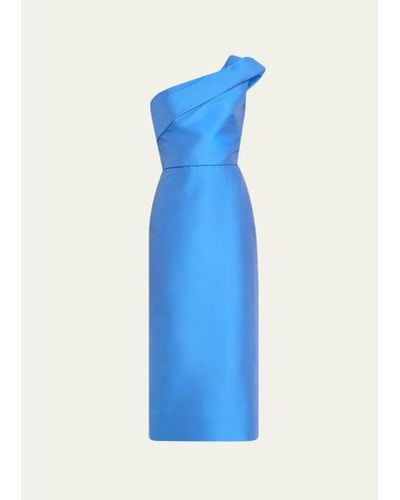 Monique Lhuillier Draped One-shoulder Column Midi Dress - Blue