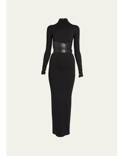 Alaïa Turtleneck Maxi Dress With Wrap Leather Belt - Black