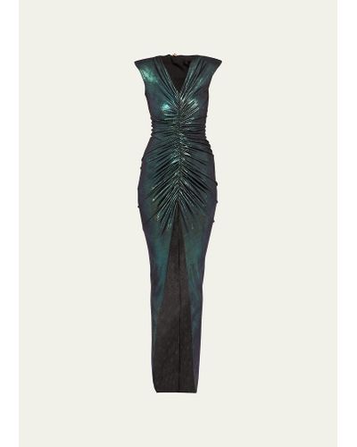 Balmain Iridescent Gathered Column Gown W/ Padded Shoulders - Multicolor