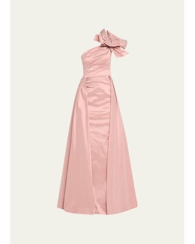 Teri Jon One-shoulder Bow-front Pleated Taffeta Gown - Pink