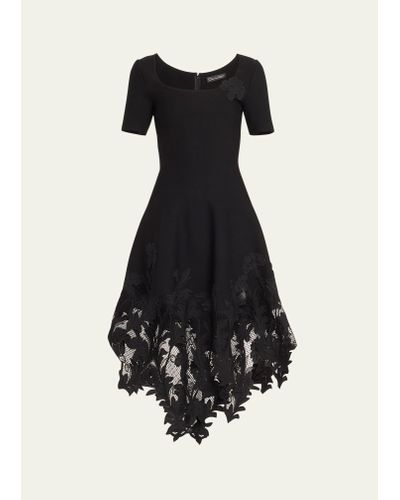 Oscar de la Renta Marbled Carnation Guipuire Knit Midi Dress - Black