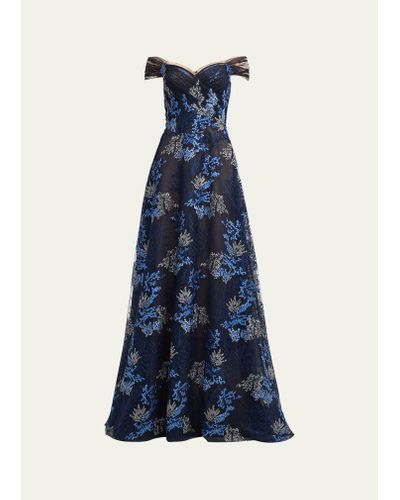 Teri Jon Off-shoulder Floral-embroidered Tulle Gown - Blue