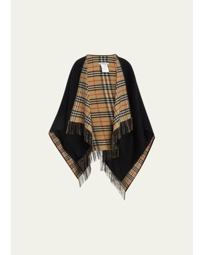Burberry Vintage-style Check Fringed Wool Cape - Black