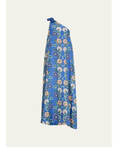 Hannah Artwear Helena One-shoulder Floral Silk Habotai Dress - Blue
