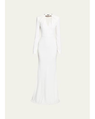 Alexander McQueen Certified Leaf Crepe Gown With Crystal Neckline - Natural