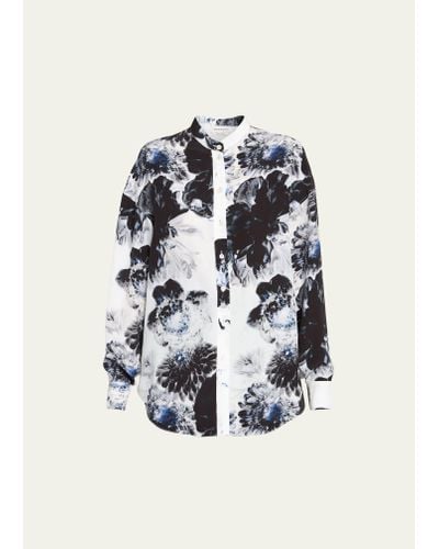 Alexander McQueen Floral X-ray Print Button Down Silk Blouse - White