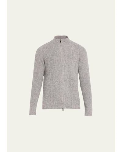Bergdorf Goodman Wool-cashmere Mouline Full-zip Sweater - White