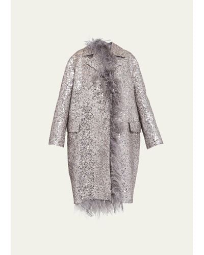 Valentino Garavani Sequin Embroidered Long Coat With Feather Trim - White