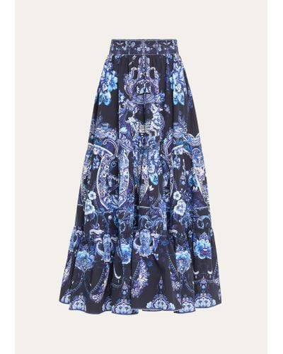 Camilla High-waist Tiered Organic Cotton Poplin Skirt - Blue