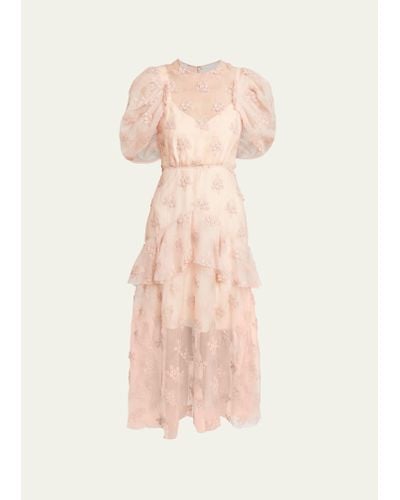 Erdem Sheer Peplum Midi Dress With Floral Embroidery - Pink