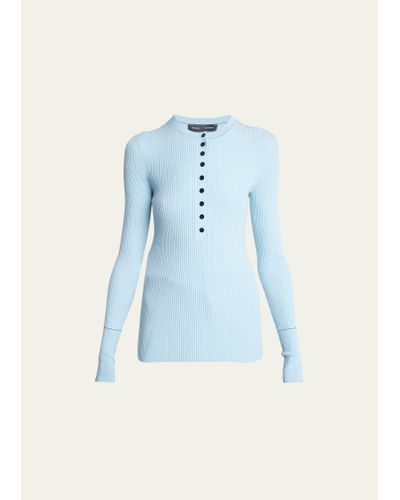 Proenza Schouler Agnes Ribbed Henley Wool Sweater - Blue