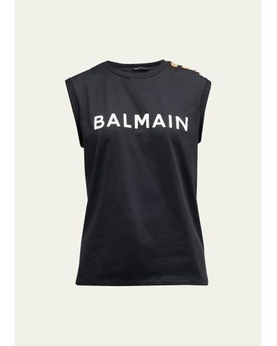 Balmain Logo Tank Top With Button Detail - Black