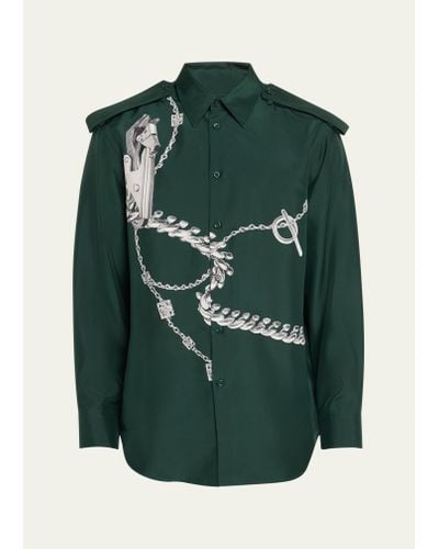 Burberry Silk Horse Chain-print Epaulet Shirt - Green