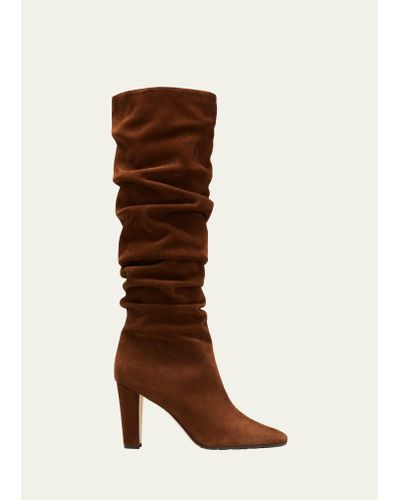 Manolo Blahnik Calassohi Ruched Suede Tall Boots - Brown