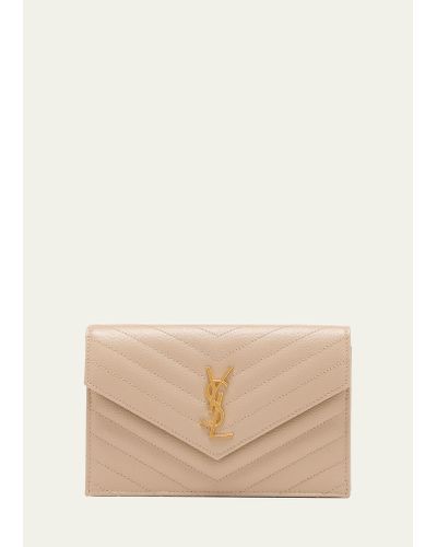 Saint Laurent Ysl Monogram Small Wallet On Chain In Grained Leather - Natural