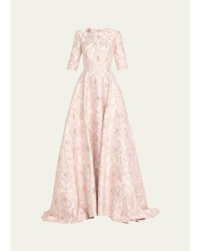 Reem Acra Mikado Floral Jacquard Gown - Pink