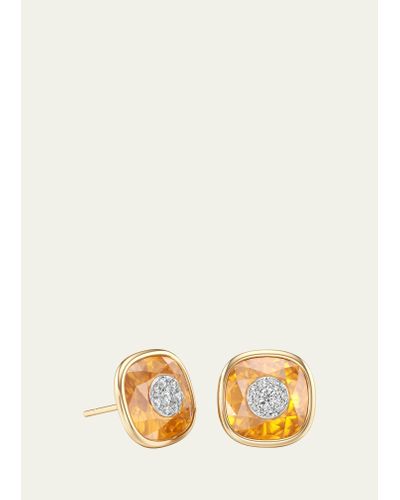 Bhansali 18k Yellow Gold One Collection Cushion Bezel Citrine And Diamond Earrings - Natural