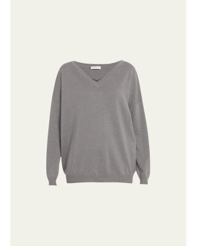 Brunello Cucinelli Monili-insert V-neck Long-sleeve 2-ply Cashmere Sweater - Gray
