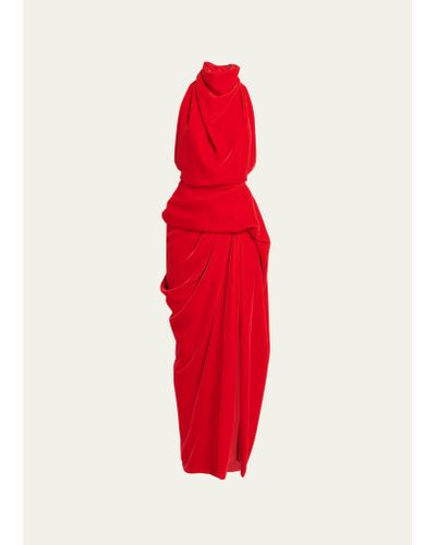 Alexander McQueen Draped Velvet Backless Gown With Slit - Red