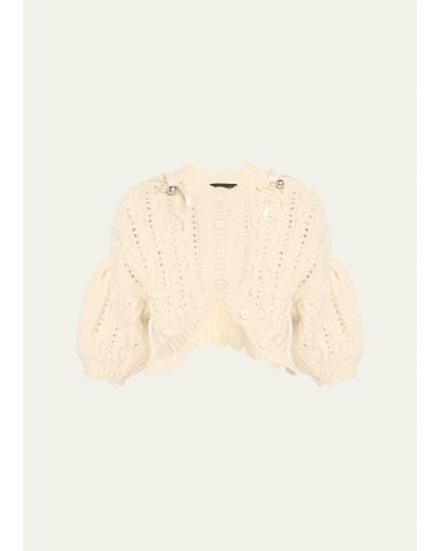 Simone Rocha Beaded Bell Charm Lace Stitch Chunky Knit Crop Cardigan - Natural